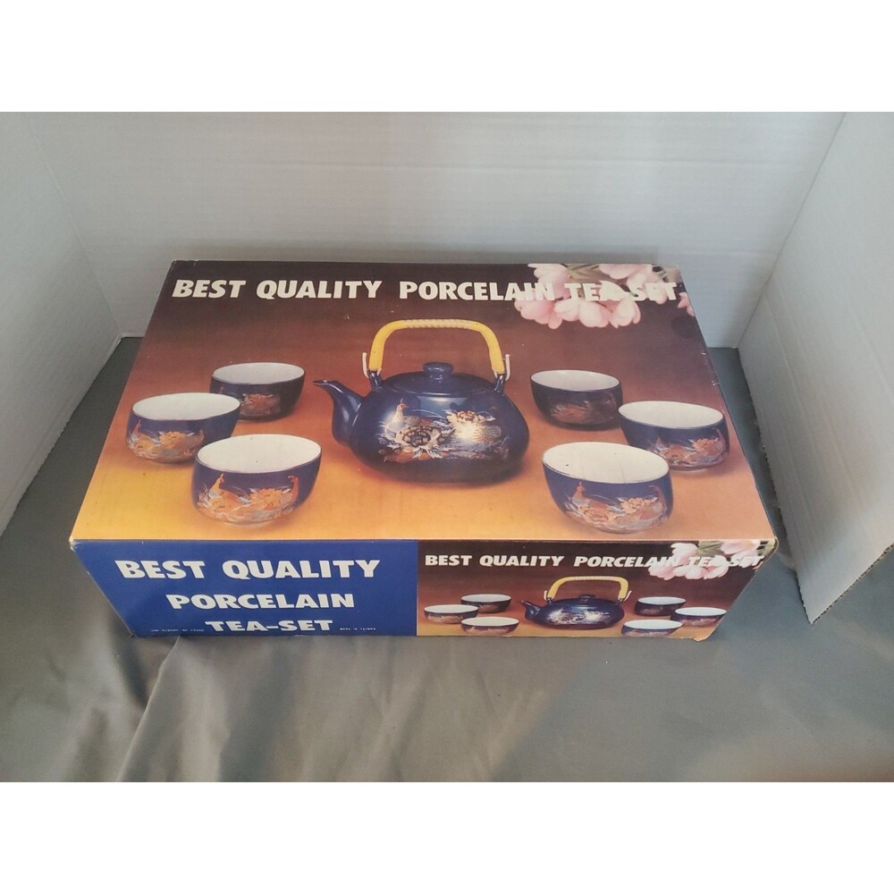 Japanese tea set, porcelain cobalt blue vintage teapot, 6 cups, peacock design